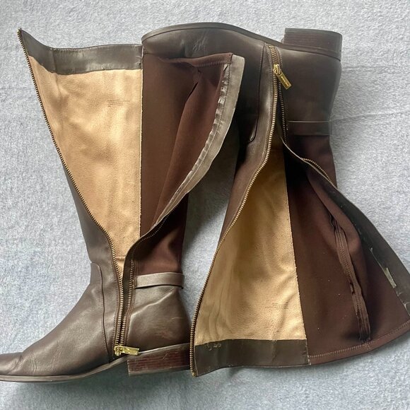 Michael Kors Brown Leather Riding Boots with Gold MK Charm – Size 9M - Picture 6 of 12